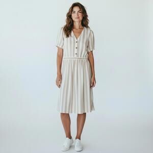 NWT LOFT Beige and White Striped Button-Front Dress Size 8